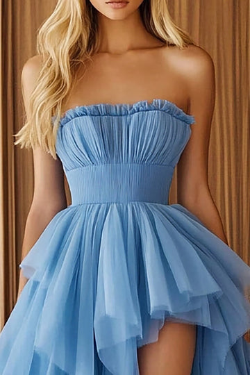 Robe formelle asymétrique à volants bleu